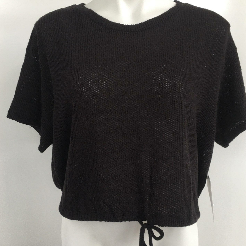 OUTLAW Ribbed Drawstring Waist Black Top